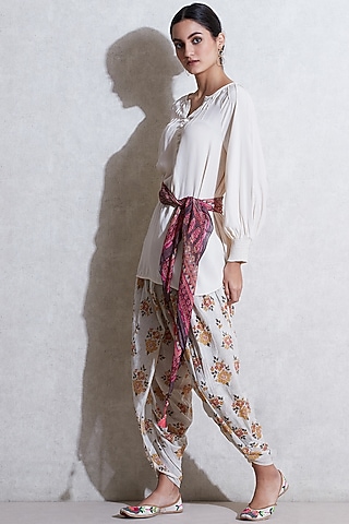 Ecru & Mustard Floral Dhoti Pants by Ritu Kumar