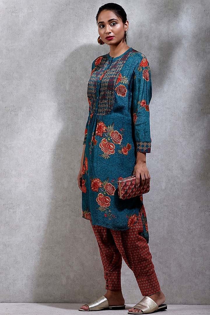 Teal Floral Printed Shirt Kurta Design by Ritu Kumar at Pernia's Pop Up ...