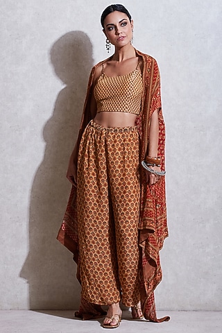 Rust Orange & Beige Cape Set by Ritu Kumar