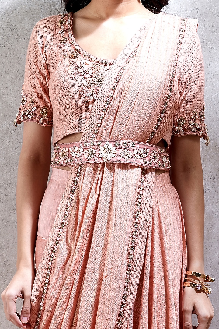 Peach Embroidered Dhoti Pant Party Wear Saree Set by Ritu Kumar at Pernia's Pop Up Shop