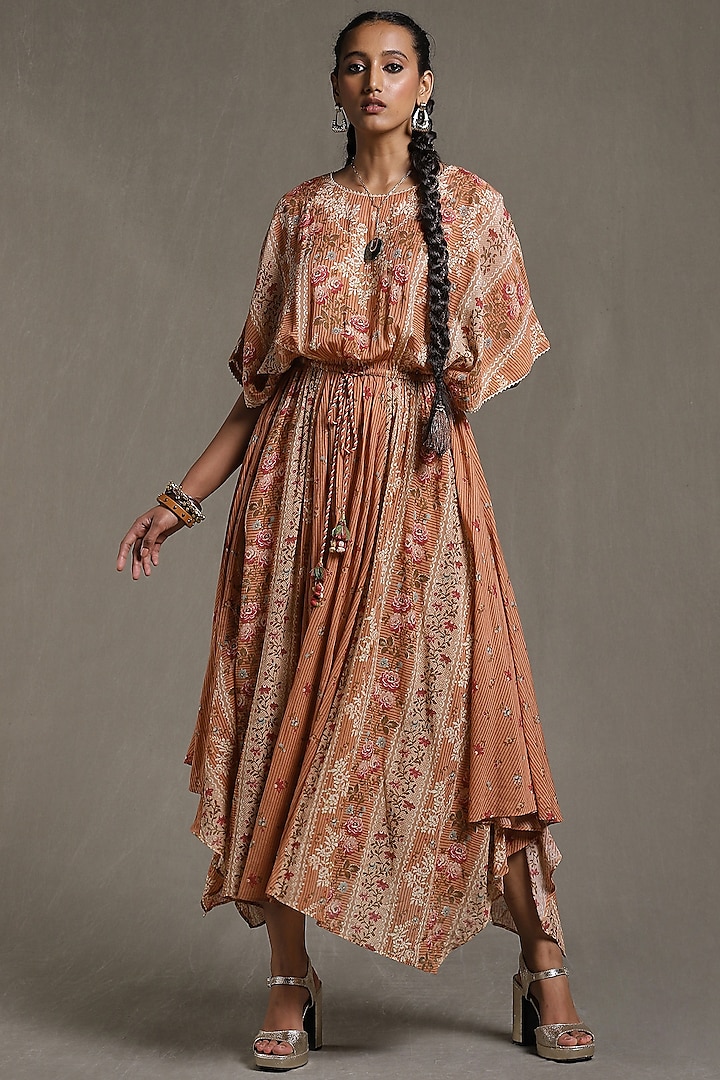 Beige Floral Printed Kaftan Dress by Ritu Kumar