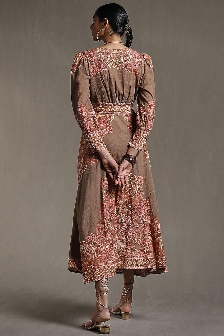 Khaki Green Printed Summer Dress by Ritu Kumar at Pernia's Pop Up Shop