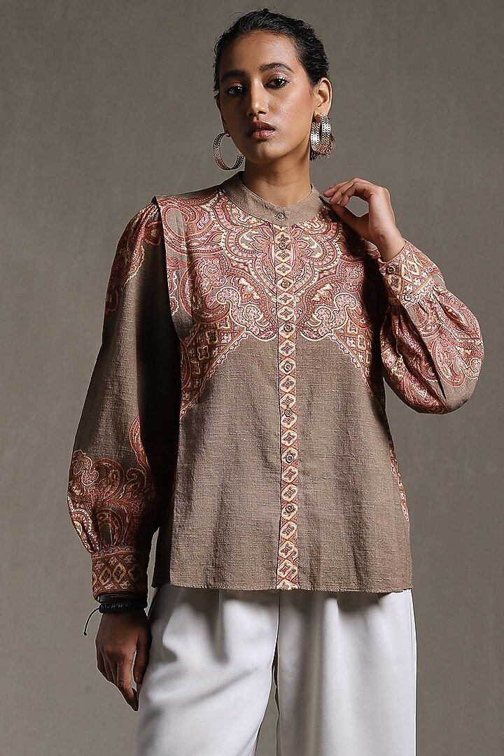 Khaki Green Printed Shirt by Ritu Kumar at Pernia's Pop Up Shop