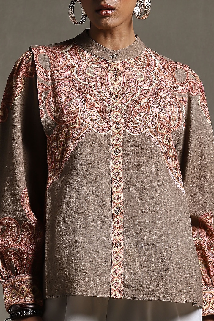Khaki Green Printed Shirt by Ritu Kumar at Pernia's Pop Up Shop