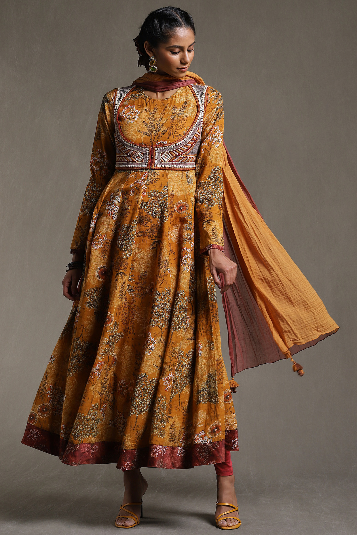 Mustard Printed Anarkali Set by Ritu Kumar at Pernia's Pop Up Shop