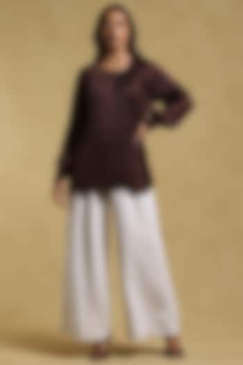 Coffee Brown Dehri Satin Crinkled Top by Ritu Kumar at Pernia's Pop Up Shop