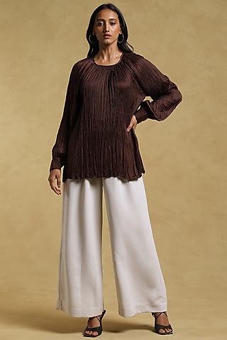 Coffee Brown Dehri Satin Crinkled Top by Ritu Kumar