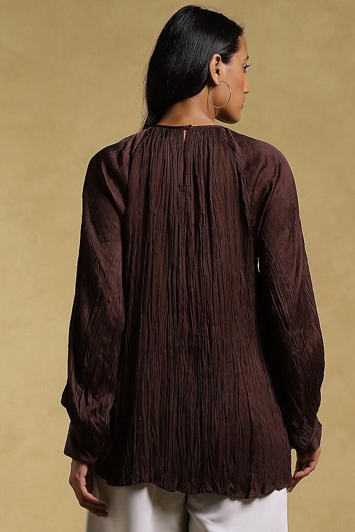 Coffee Brown Dehri Satin Crinkled Top by Ritu Kumar at Pernia's Pop Up Shop