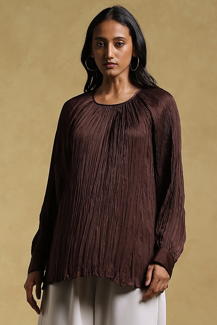 Coffee Brown Dehri Satin Crinkled Top by Ritu Kumar at Pernia's Pop Up Shop