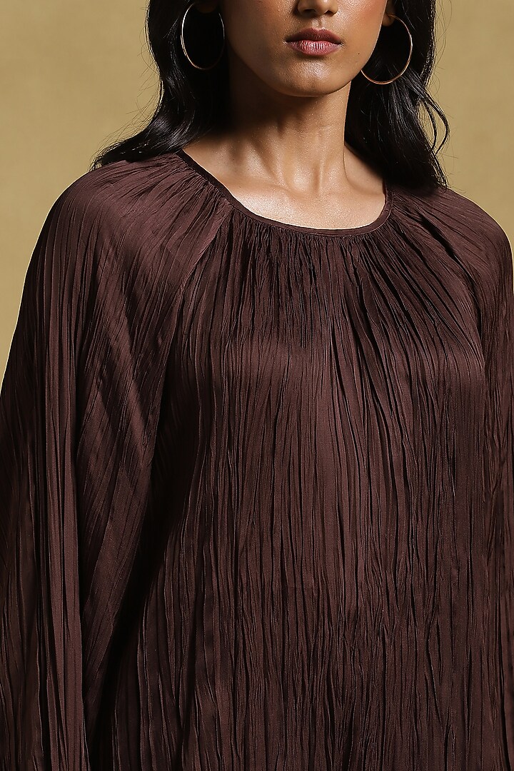 Coffee Brown Dehri Satin Crinkled Top by Ritu Kumar at Pernia's Pop Up Shop