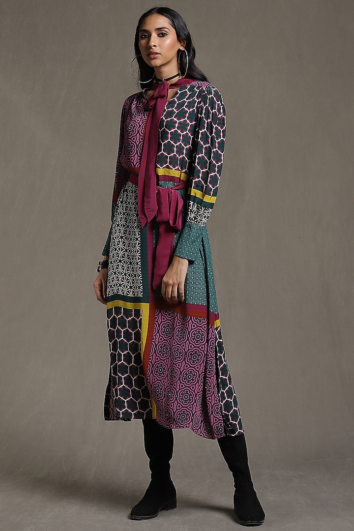 Multi-Colored Viscose Crepe Printed Dress by Ritu Kumar