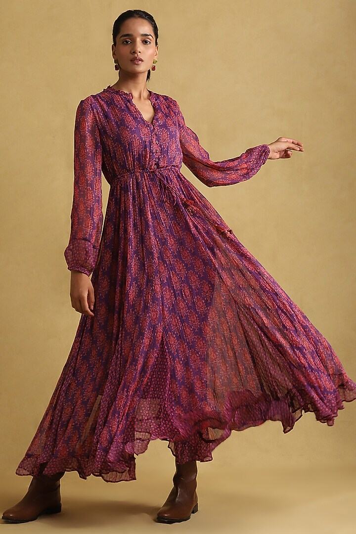 fitted lace wedding dress Vintage 1970s Ritu Kumar Judith Ann Indian Block Print Purple Silk Dress main image 0