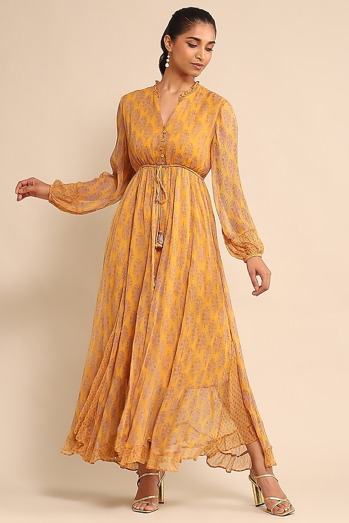 Yellow Chiffon Printed Maxi Dress by Ritu Kumar