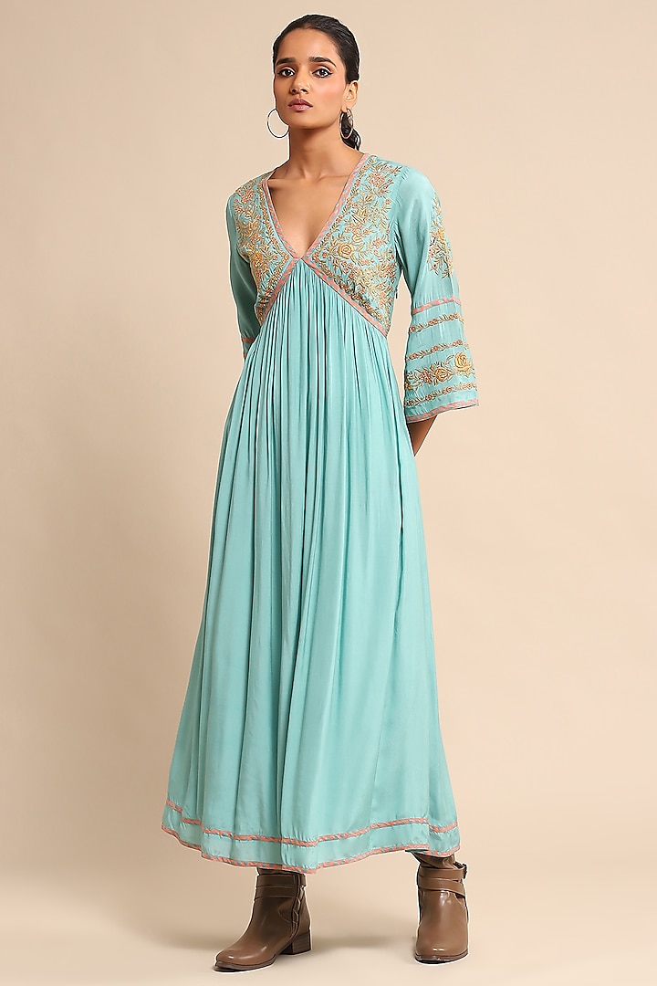 Turquoise Tussar Silk Embroidered Midi Dress by Ritu Kumar