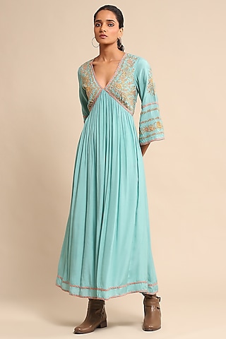 Turquoise Tussar Silk Embroidered Midi Dress by Ritu Kumar
