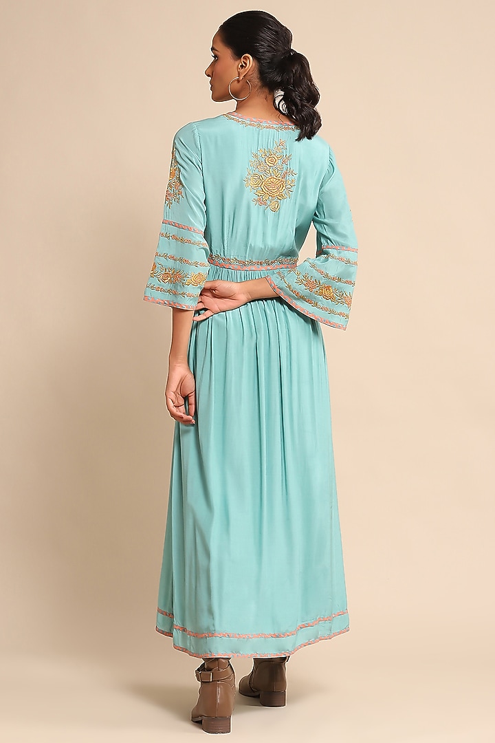 Turquoise Tussar Silk Embroidered Midi Summer Dress by Ritu Kumar at Pernia's Pop Up Shop
