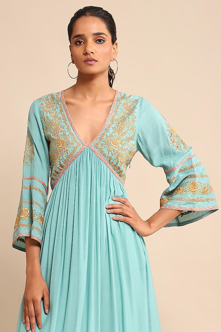 Turquoise Tussar Silk Embroidered Midi Summer Dress by Ritu Kumar at Pernia's Pop Up Shop
