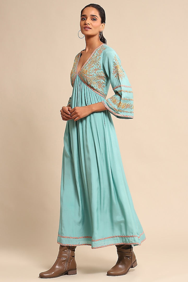 Turquoise Tussar Silk Embroidered Midi Summer Dress by Ritu Kumar at Pernia's Pop Up Shop