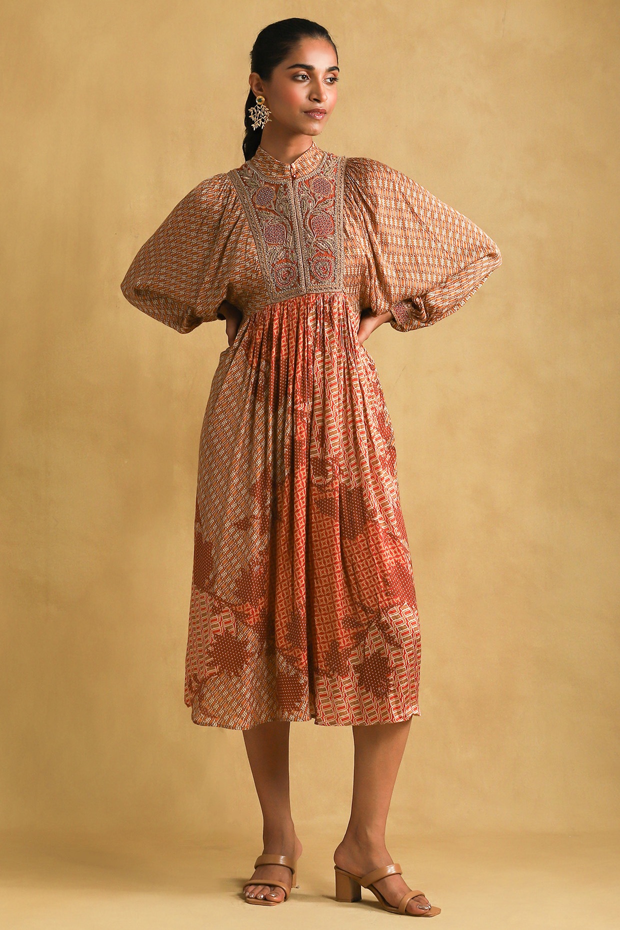 Rust Viscose Printed & Embroidered Midi Dress by Ritu Kumar at Pernia's ...