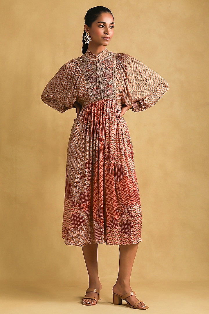 Rust Viscose Printed & Embroidered Midi Dress by Ritu Kumar