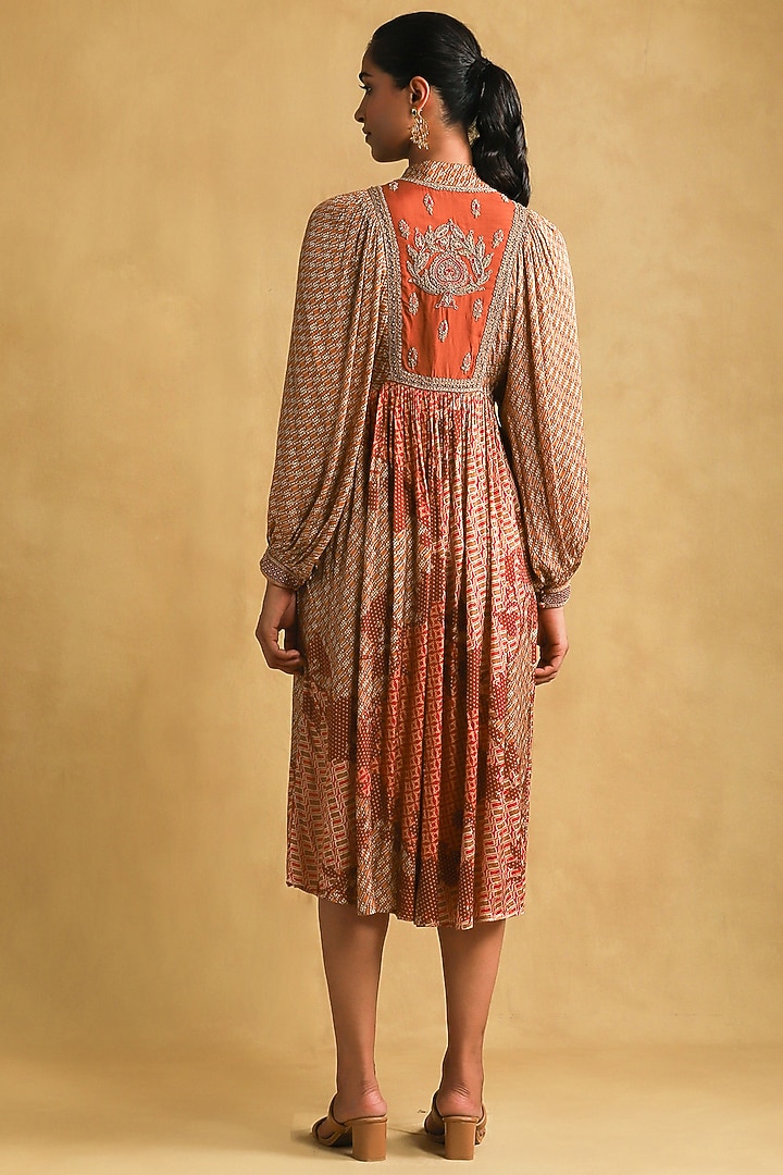 Rust Viscose Printed & Embroidered Midi Vacation Dress by Ritu Kumar at Pernia's Pop Up Shop