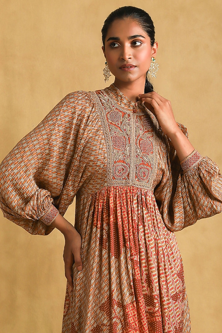 Rust Viscose Printed & Embroidered Midi Vacation Dress by Ritu Kumar at Pernia's Pop Up Shop