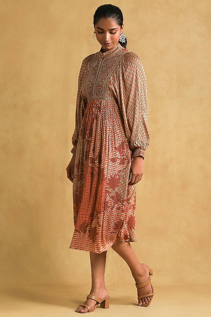 Rust Viscose Printed & Embroidered Midi Vacation Dress by Ritu Kumar at Pernia's Pop Up Shop