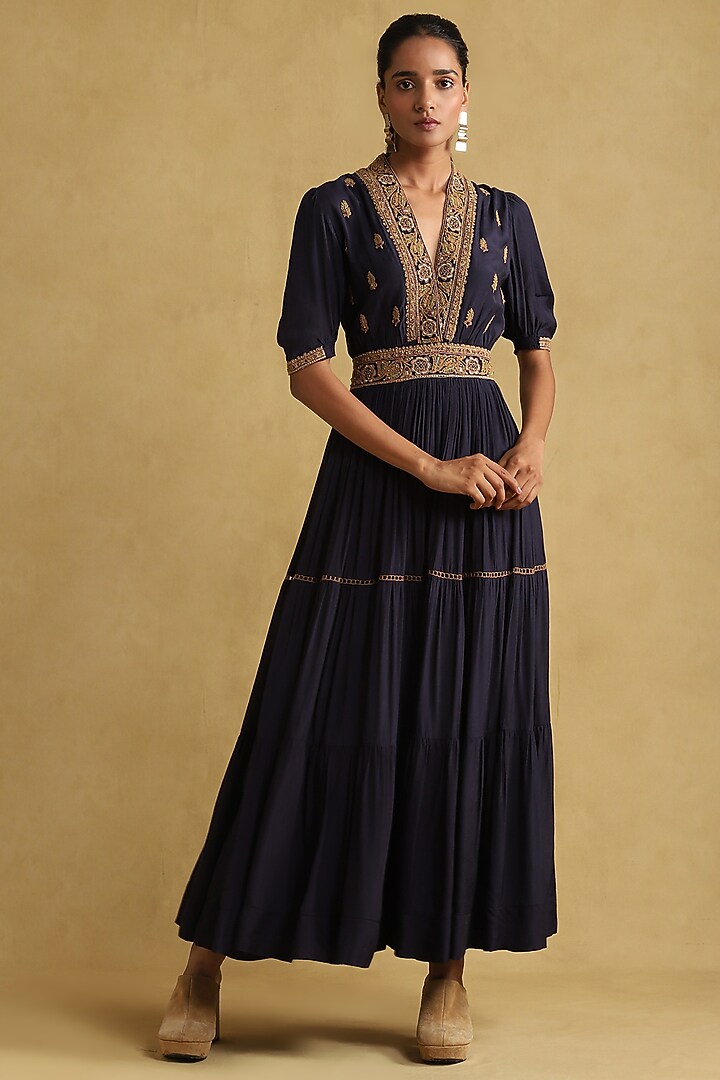 ritu kumar navy blue dress LABEL Navy blue botanical print long dress - RITU KUMAR