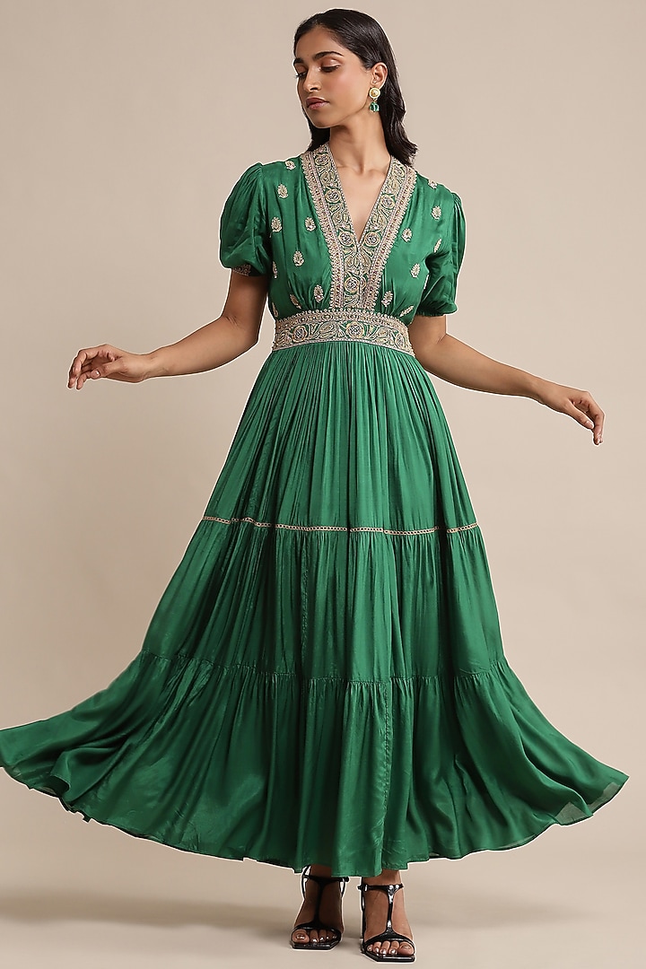 Green Viscose Silk Embroidered Maxi Dress by Ritu Kumar at Pernia's Pop Up  Shop 2026