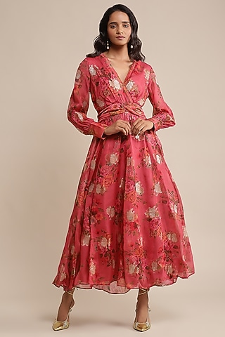 Coral Organza Floral Printed Maxi Dress by Ritu Kumar