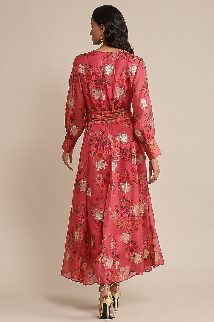 Coral Organza Floral Printed Maxi Vacation Dress by Ritu Kumar at Pernia's Pop Up Shop