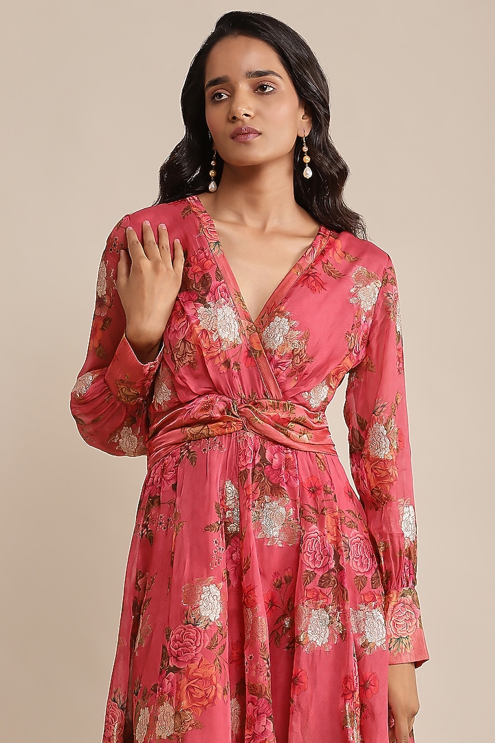 Coral Organza Floral Printed Maxi Vacation Dress by Ritu Kumar at Pernia's Pop Up Shop
