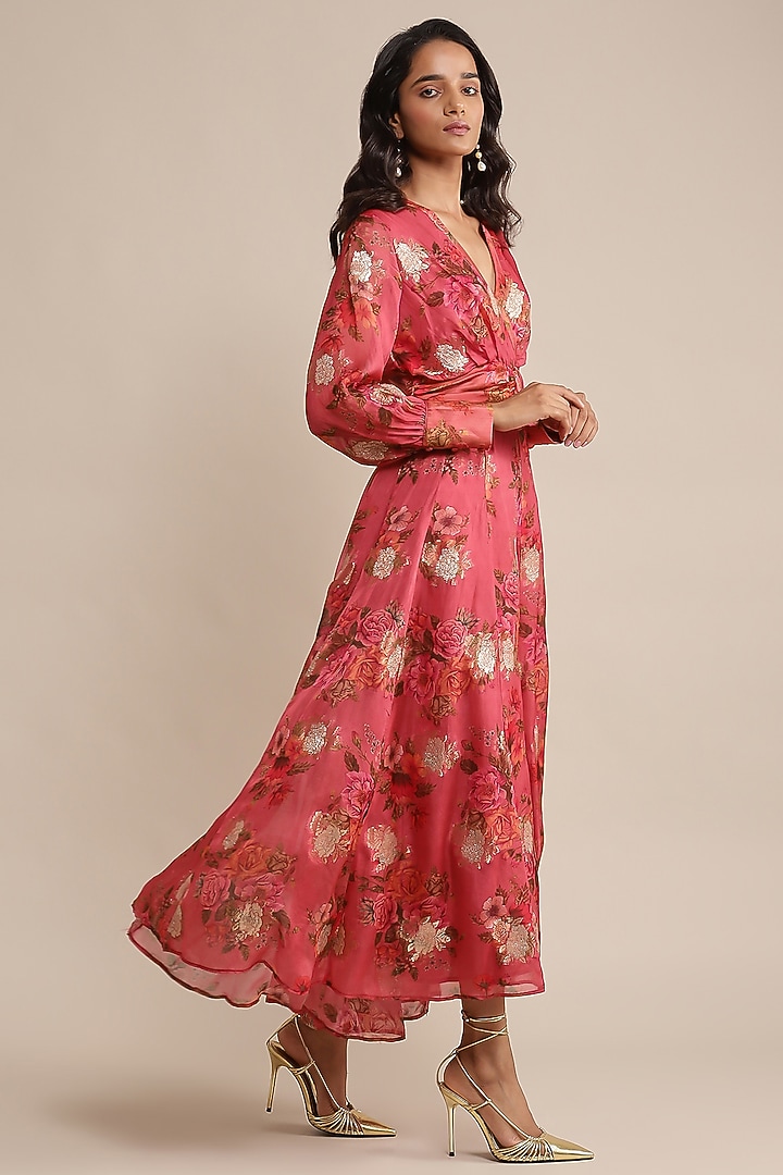 Coral Organza Floral Printed Maxi Vacation Dress by Ritu Kumar at Pernia's Pop Up Shop
