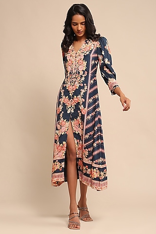 Navy Blue Viscose Silk Floral Printed Midi Dress by Ritu Kumar