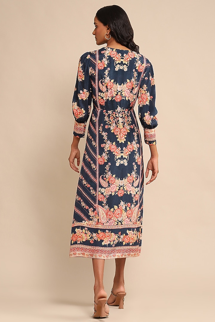 Navy Blue Viscose Silk Floral Printed Midi Summer Dress by Ritu Kumar at Pernia's Pop Up Shop