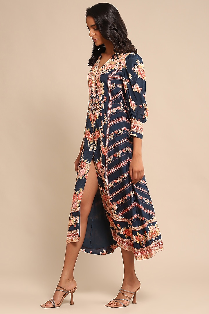 Navy Blue Viscose Silk Floral Printed Midi Summer Dress by Ritu Kumar at Pernia's Pop Up Shop