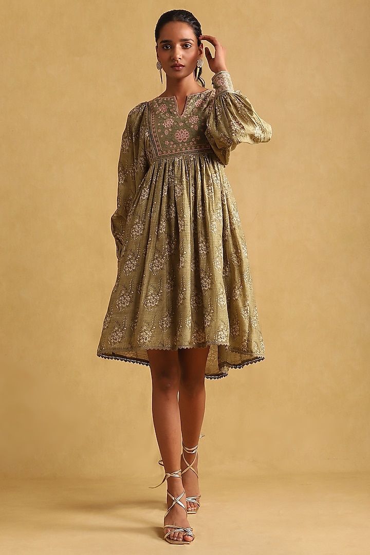 Green Viscose Printed Knee-Length Summer Dress by Ritu Kumar at Pernia's Pop Up Shop
