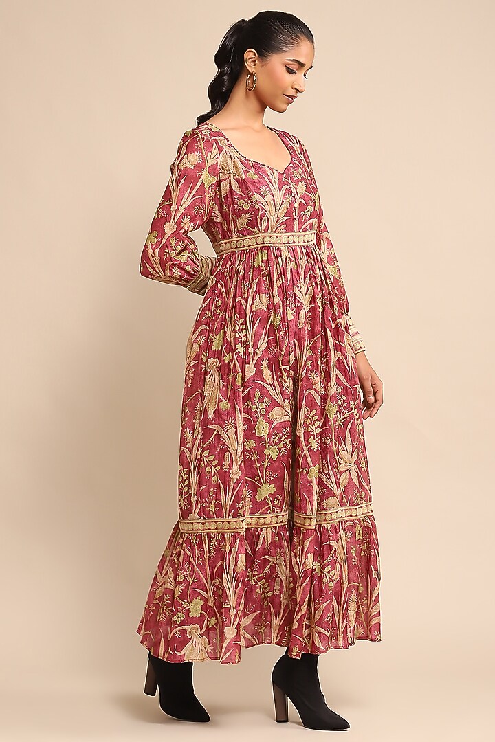 Wine Chanderi Printed Summer Dress by Ritu Kumar at Pernia's Pop Up Shop