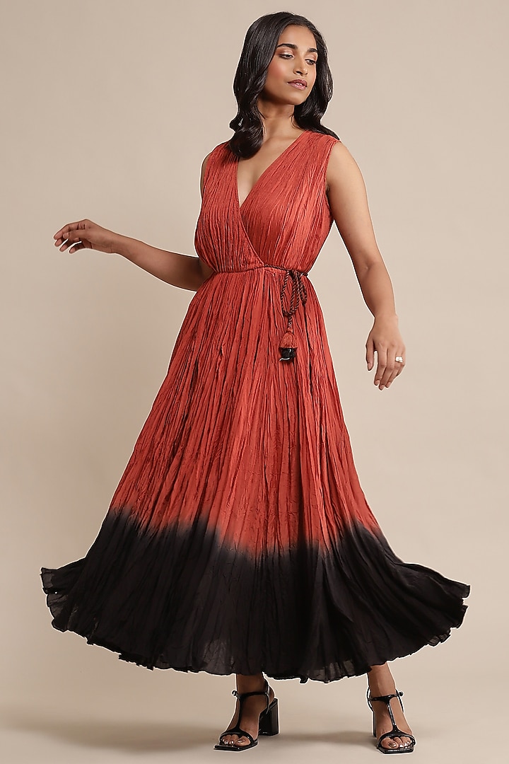 Rust Ombre Viscose Silk Dress by Ritu Kumar