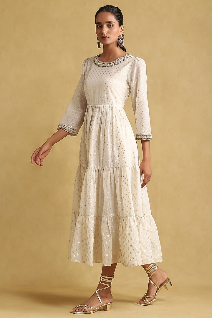 Off-White Cotton Silk Embroidered Midi Summer Dress by Ritu Kumar at Pernia's Pop Up Shop
