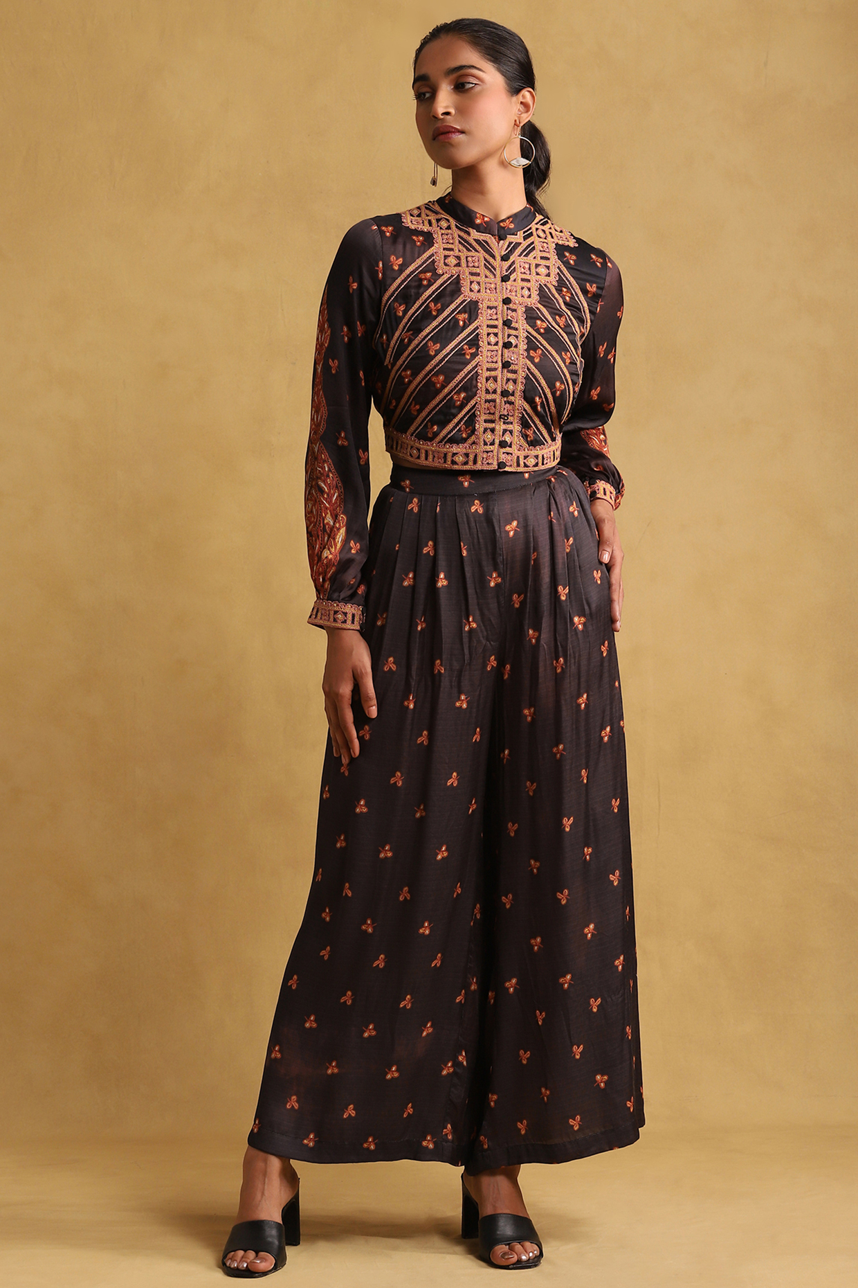 Black Satin Printed Jacket Set by Ritu Kumar at Pernia's Pop Up Shop