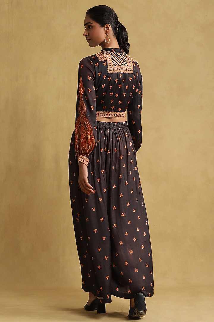 Black Satin Printed Jacket Set by Ritu Kumar at Pernia's Pop Up Shop