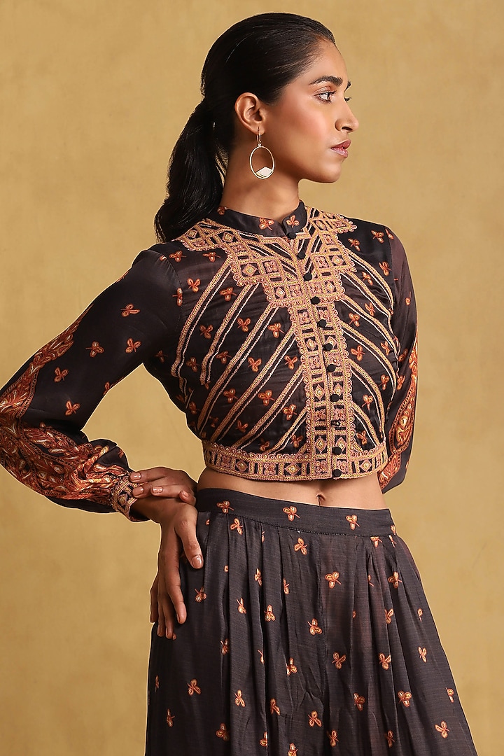 Black Satin Printed Jacket Set by Ritu Kumar at Pernia's Pop Up Shop
