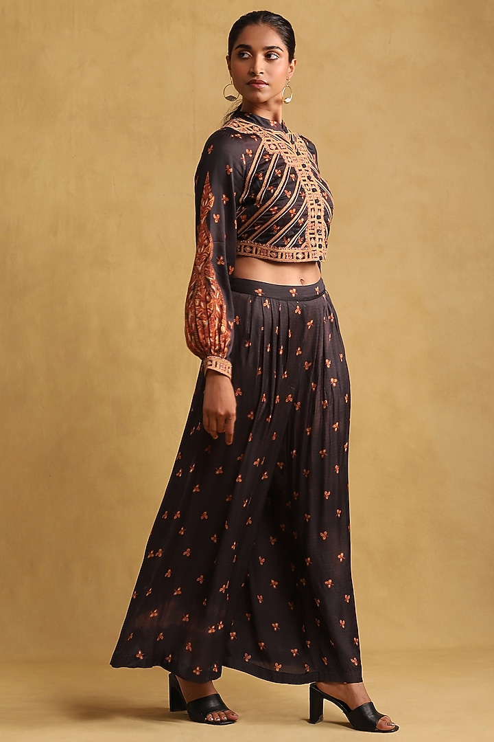 Black Satin Printed Jacket Set by Ritu Kumar at Pernia's Pop Up Shop