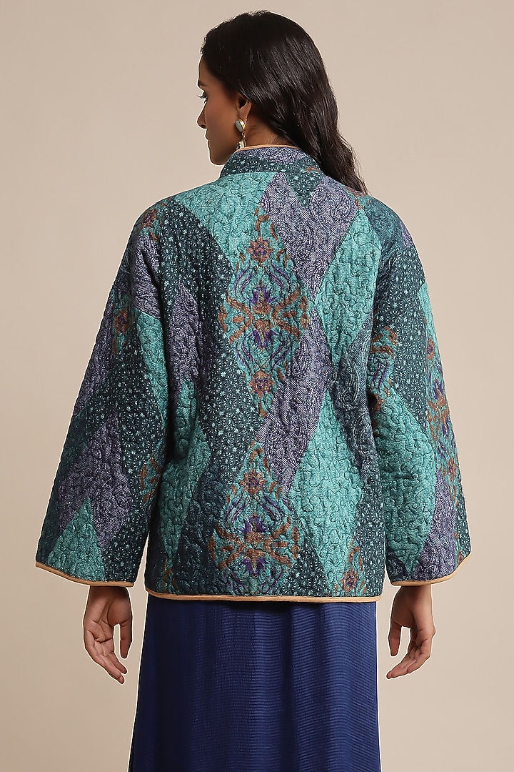 Blue Viscose Printed Quilted Jacket by Ritu Kumar at Pernia's Pop Up Shop