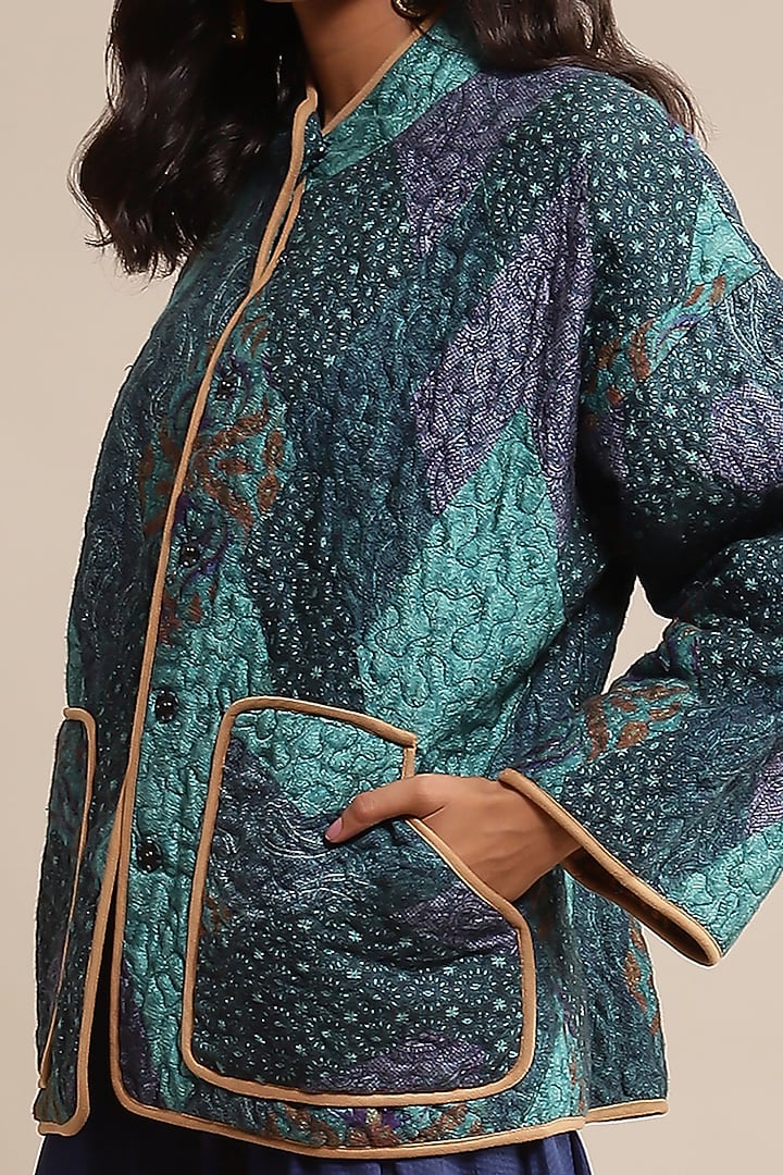 Blue Viscose Printed Quilted Jacket by Ritu Kumar at Pernia's Pop Up Shop