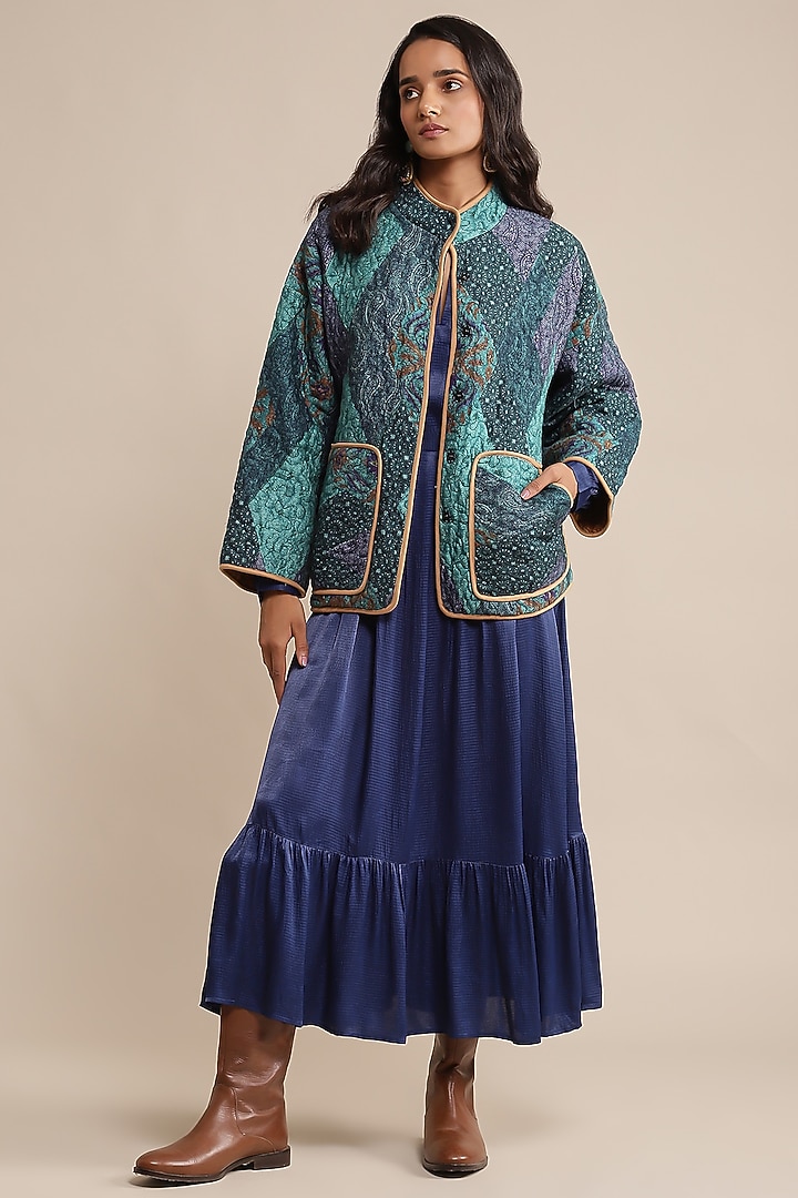 Blue Viscose Printed Quilted Jacket by Ritu Kumar at Pernia's Pop Up Shop
