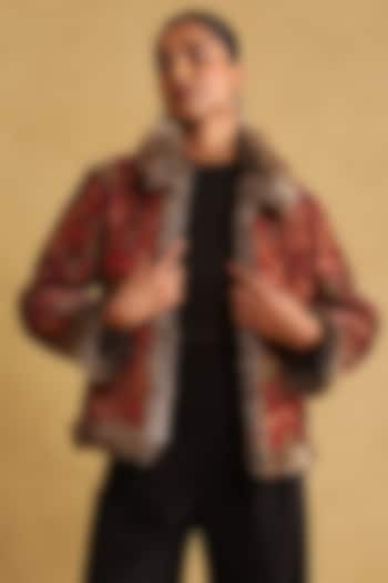 Wine Silk Velvet Printed Quilted Jacket by Ritu Kumar at Pernia's Pop Up Shop