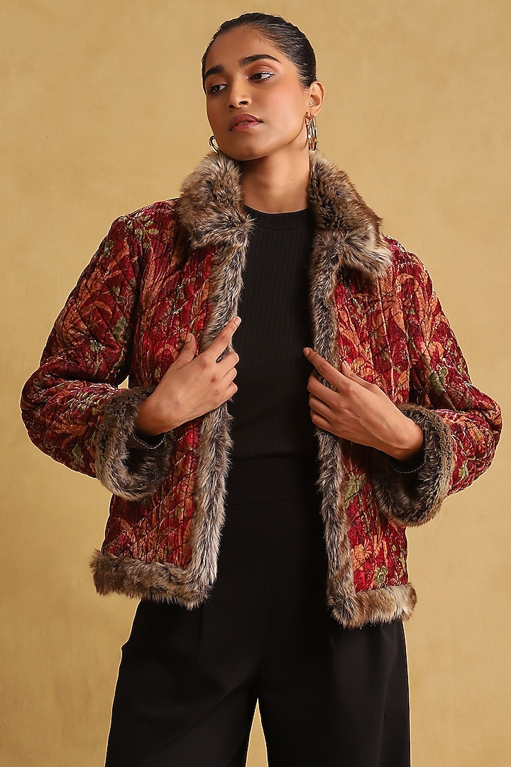 Wine Silk Velvet Printed Quilted Jacket by Ritu Kumar at Pernia's Pop Up Shop
