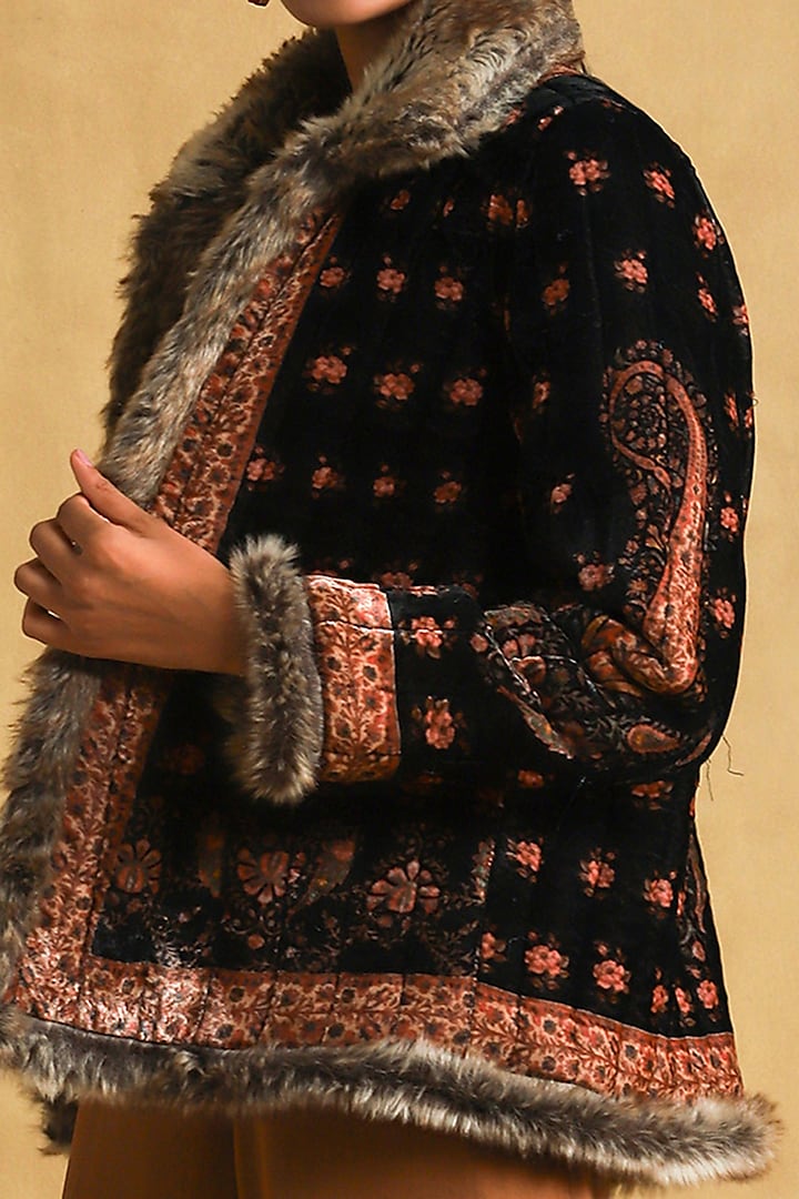 Black Silk Velvet Printed Quilted Jacket Design by Ritu Kumar at